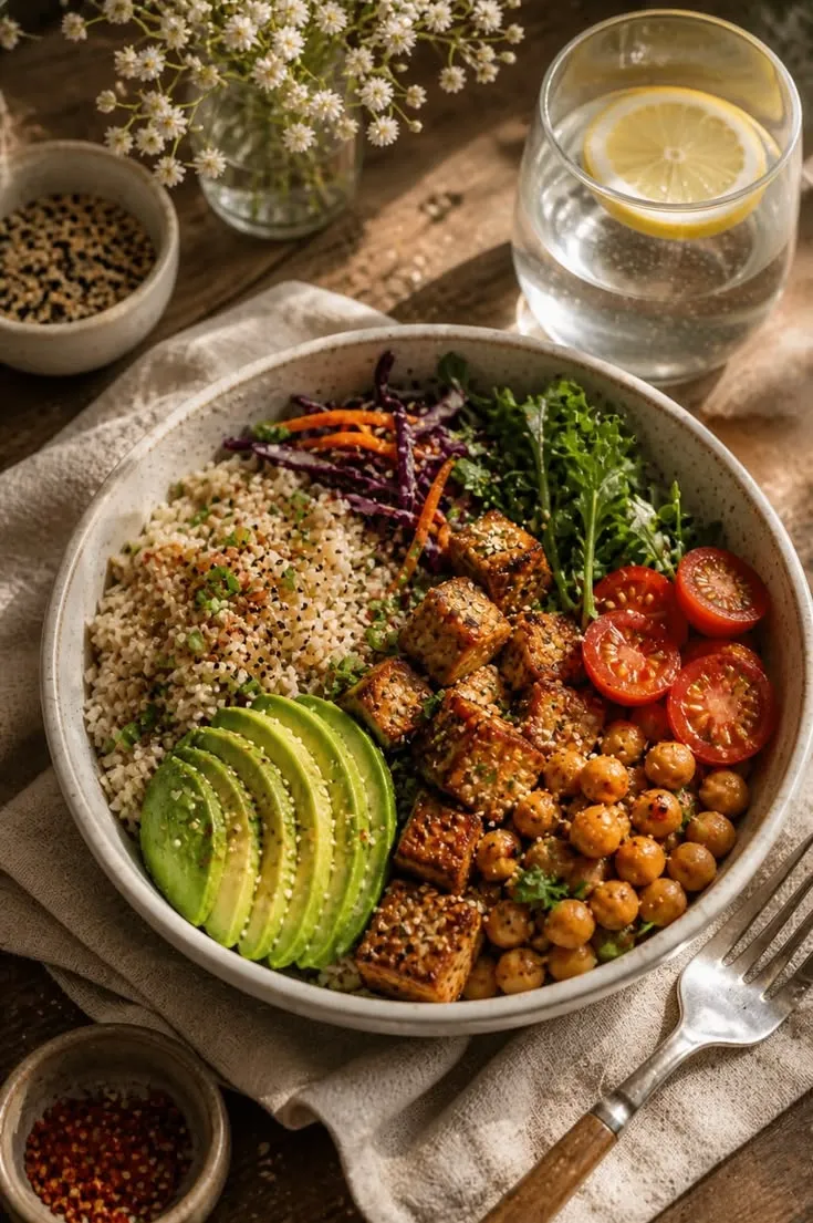 Balanced meal with grains and vegetables